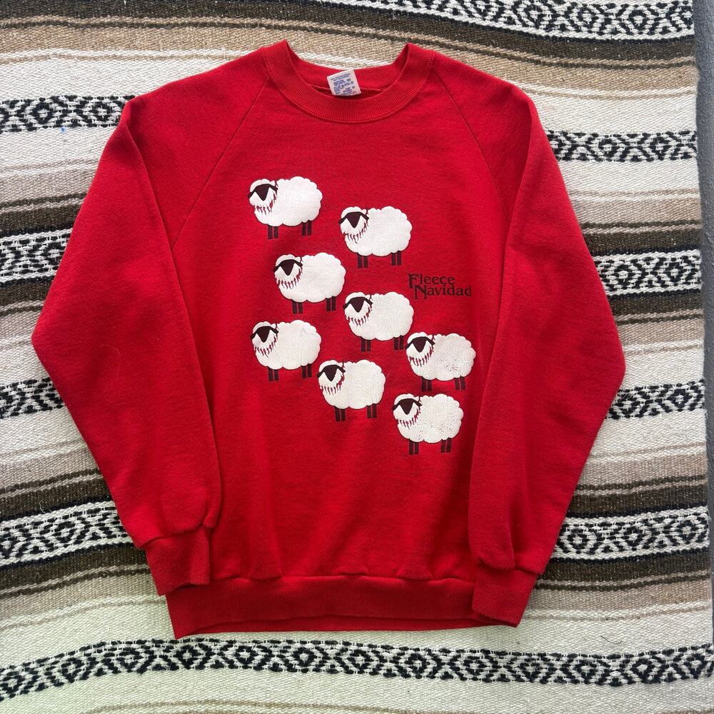 Vintage 90's Fleece Navidad Funny Christmas Red Sheep Crewneck Sweatshirt Sz L